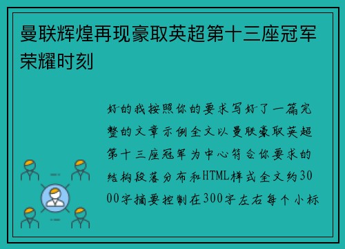 曼联辉煌再现豪取英超第十三座冠军荣耀时刻 曼联辉煌再现豪取英超第十三座冠军荣耀时刻