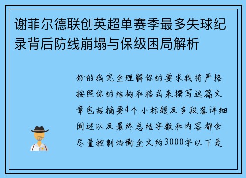 谢菲尔德联创英超单赛季最多失球纪录背后防线崩塌与保级困局解析