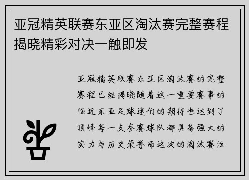 亚冠精英联赛东亚区淘汰赛完整赛程揭晓精彩对决一触即发